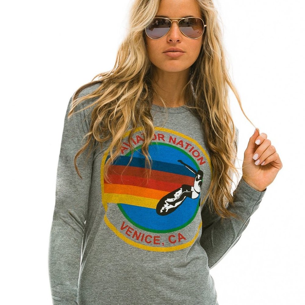 AVIATOR NATION LONG SLEEVE CREW TEE - HEATHER GREY